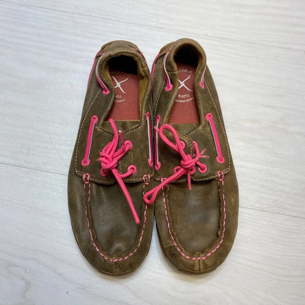 Twisted‎ X Driving Mocs Youth 5M Brown / Pink Lace Up Breast Cancer Awareness